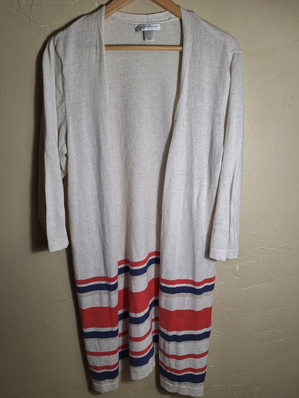 Christopher & Banks Womens Pink Striped Open Front Knit Cardigan Sweater L Beige